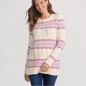 Lands' End Women's Cable Knit Fair Isle Cotton Wool Sweater S Ivory/Pink SOFT